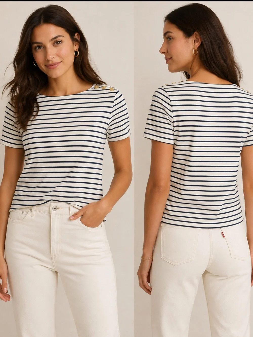 J. Crew Stripped Sailor Tee Gold Button Shoulder Blouse, Europe Trip Sz S - Picture 1 of 7